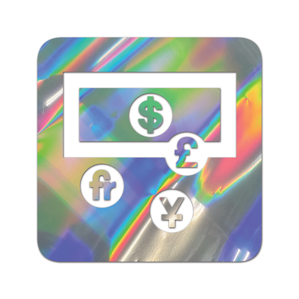 Currency Sticker Die Cut Chrome Mirror Gold Silver Oil Slick Rainbow