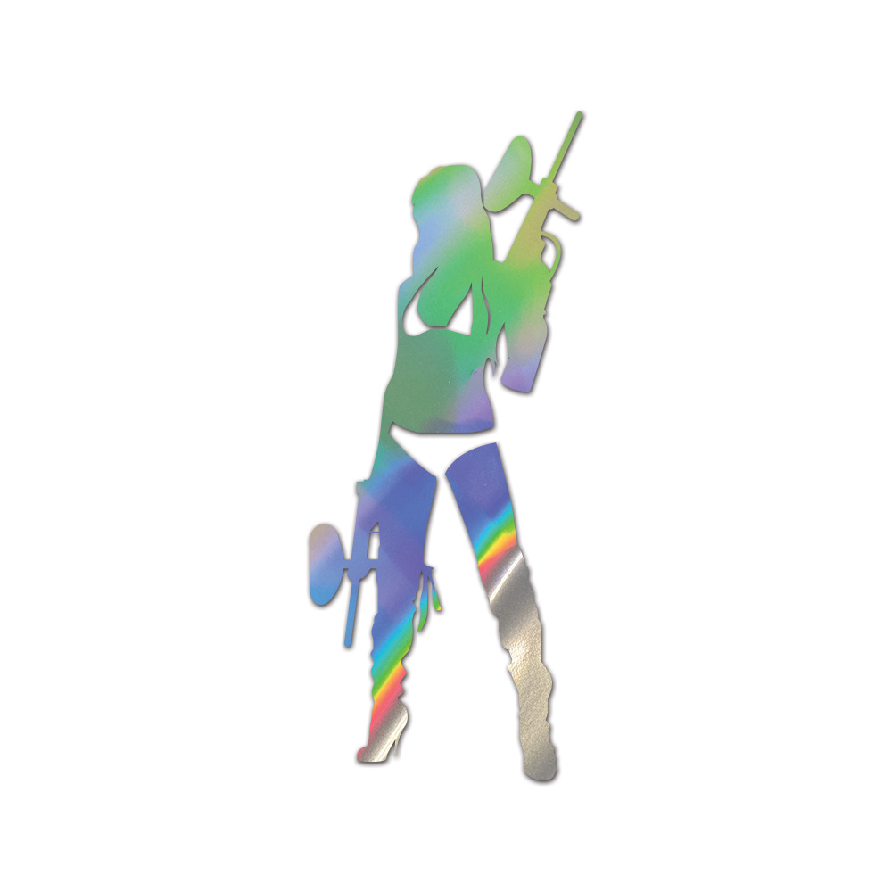 Sexy Paintball Girl Sticker Die Cut Chrome Mirror Gold Silver Oil Slick Rainbow