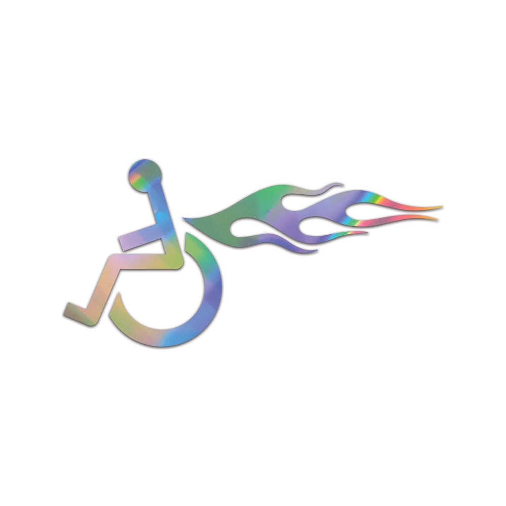Left Facing Wheelchair With Flames Sticker Die Cut Chrome Gold Silver Oil Slick