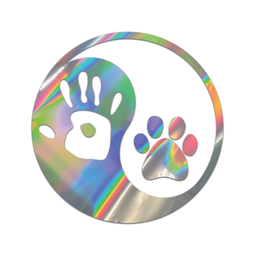 Yin Yang Human Hand Dog Paw Sticker Die Cut Chrome Gold Silver Oil Slick