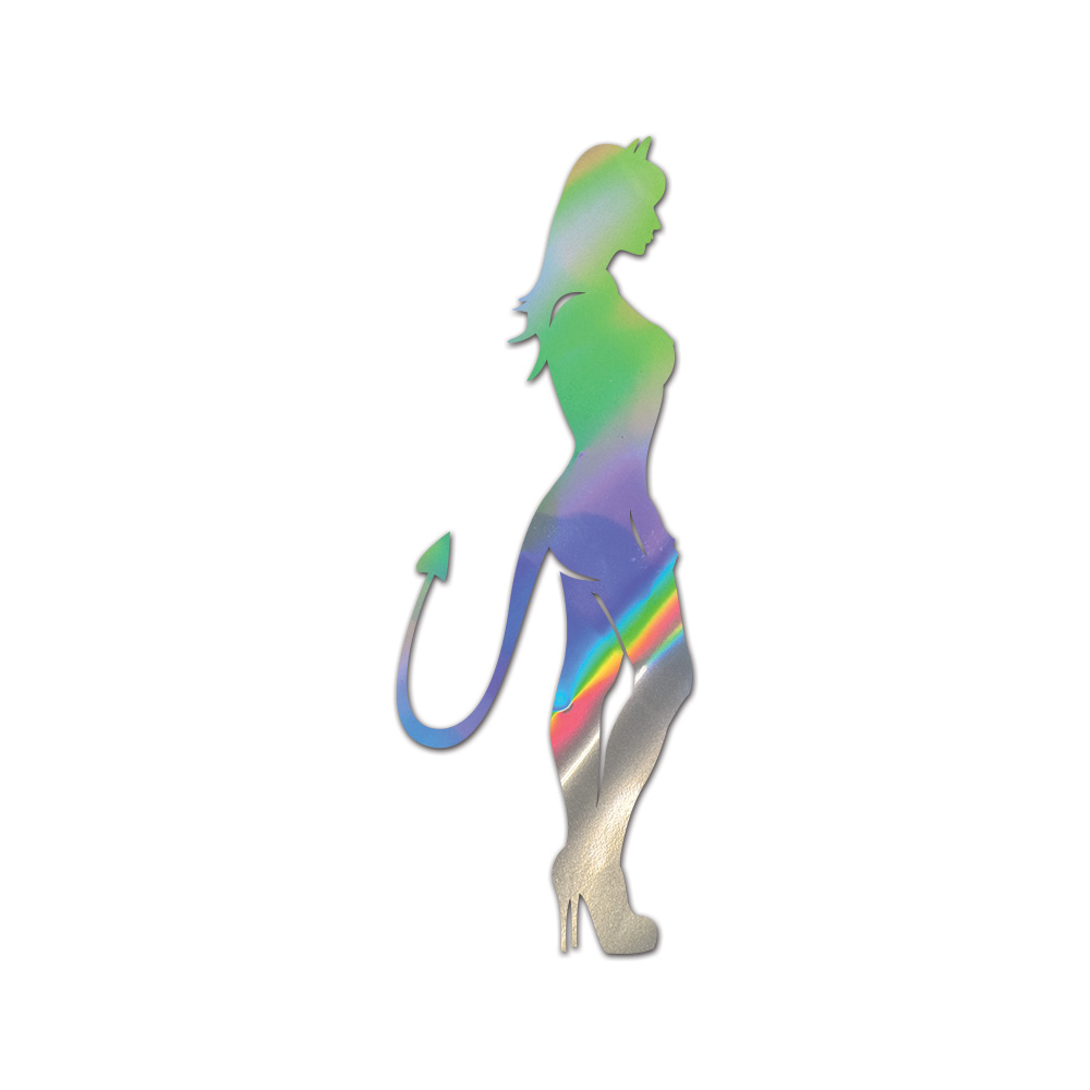 Sexy Devil Girl Sticker Die Cut Chrome Mirror Gold Silver Oil Slick Rainbow