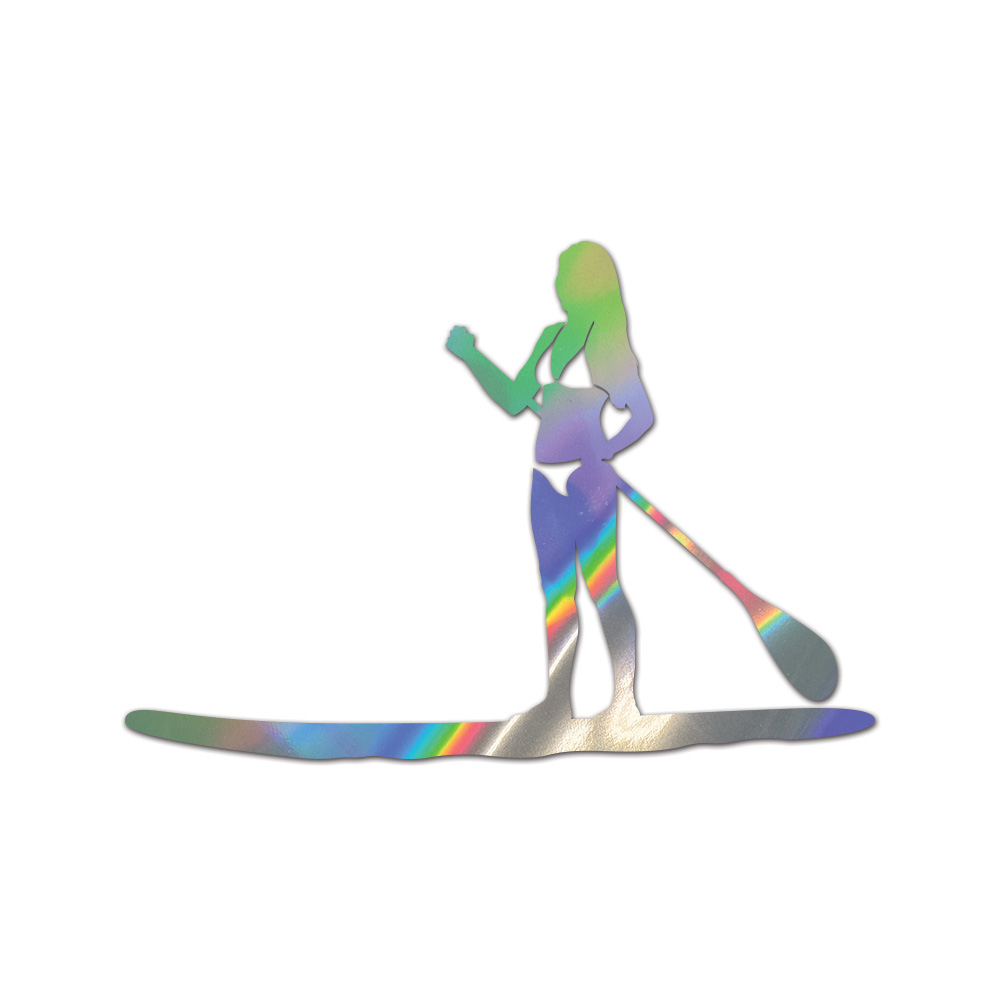 Girl Paddleboarding Sticker Die Cut Chrome Mirror Gold Silver Oil Slick Rainbow