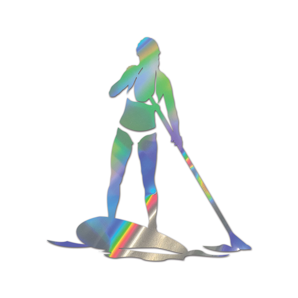 Girl Paddleboarding V2 Sticker Die Cut Chrome Gold Silver Oil Slick Rainbow