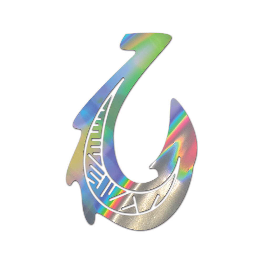 Hawaiian Polynesian Fish Hook Sticker Die Cut Chrome Gold Silver Oil Slick
