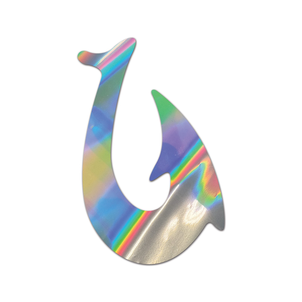 Hawaiian Polynesian Fish Hook V2 Sticker Die Cut Chrome Gold Silver Oil Slick
